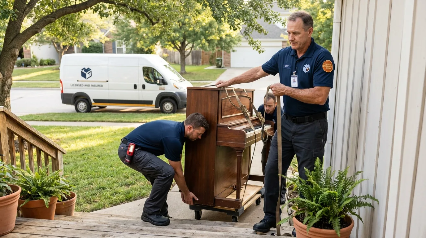Licensed piano movers securing grand piano in Throckmorton, TX