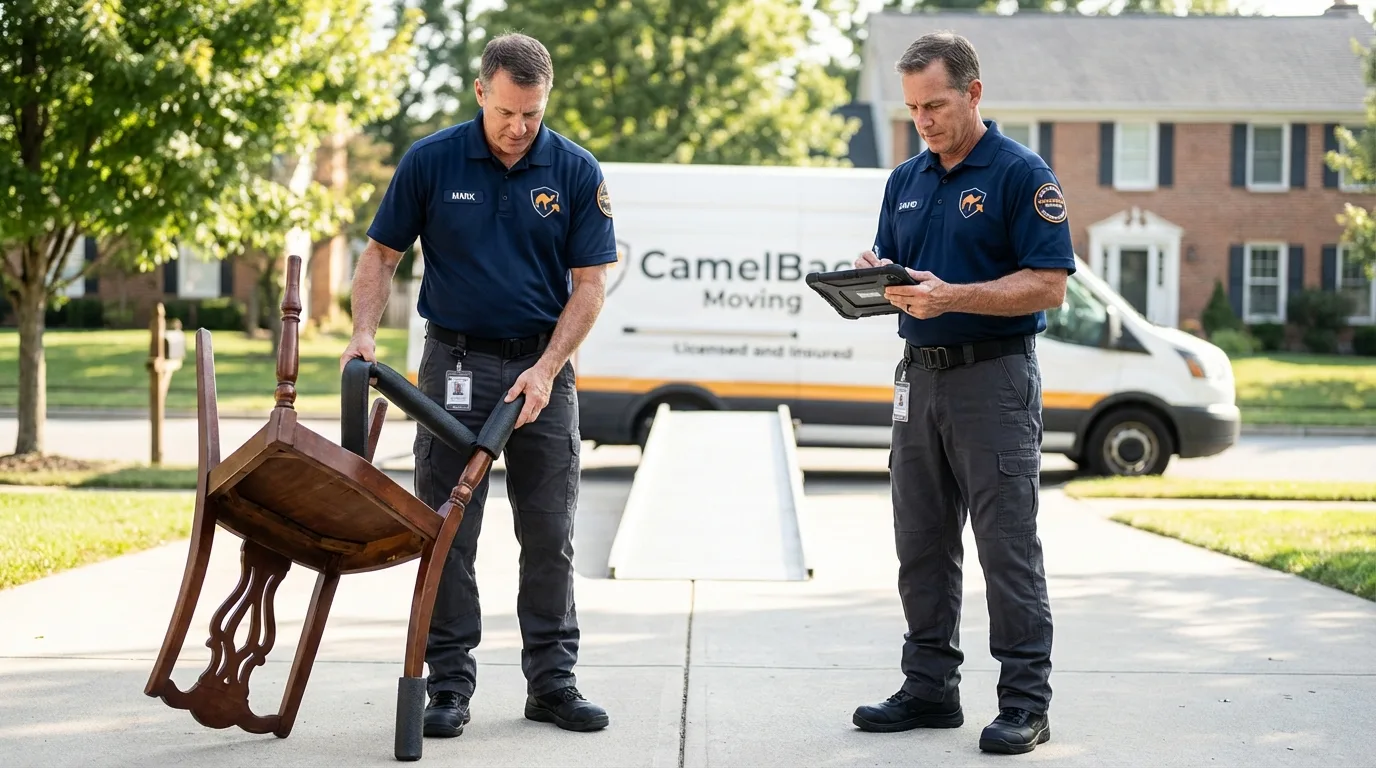 Movers inspecting furniture for damage prevention before loading in Throckmorton, TX