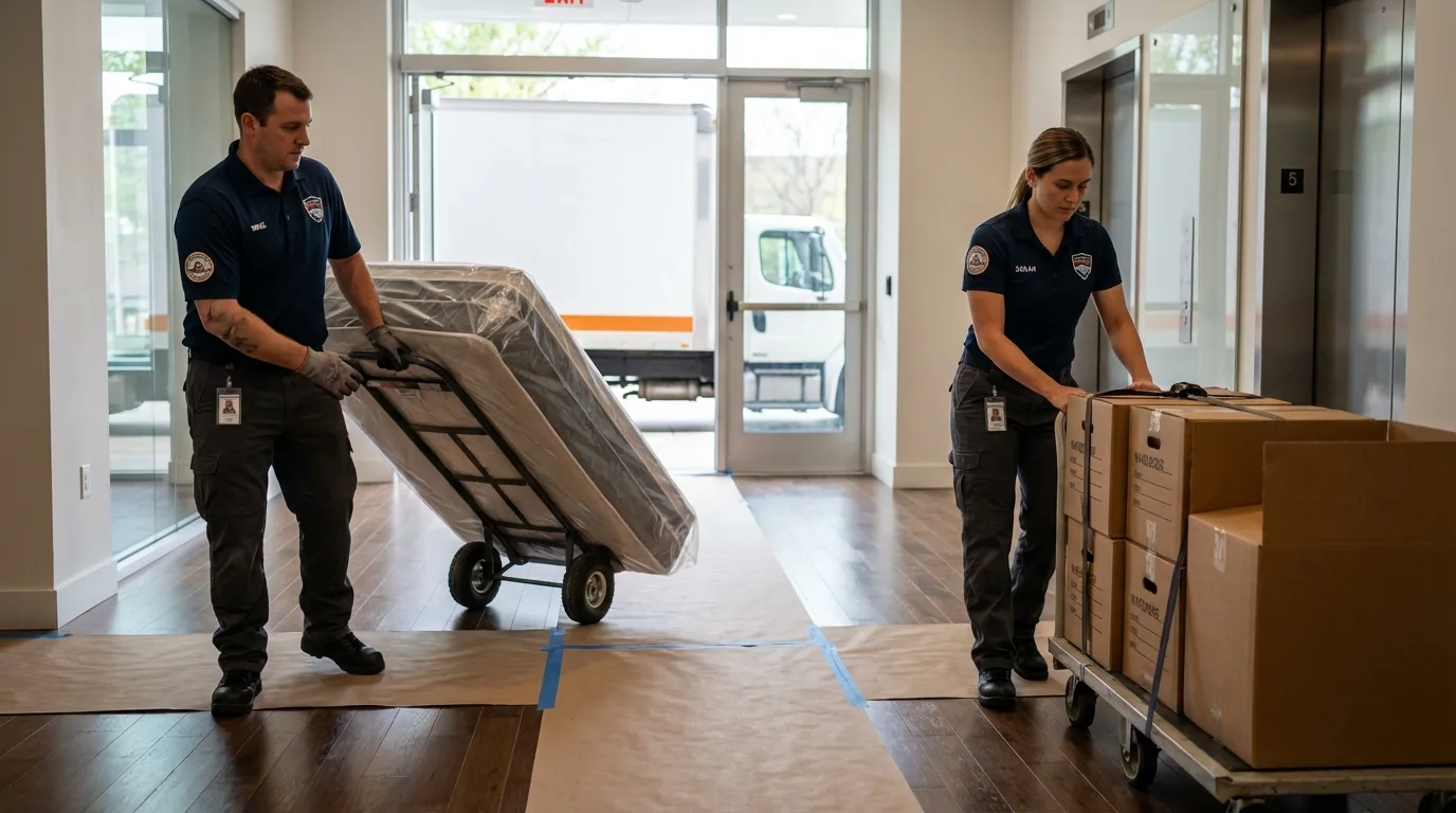 Professional apartment movers loading elevator in Throckmorton, TX